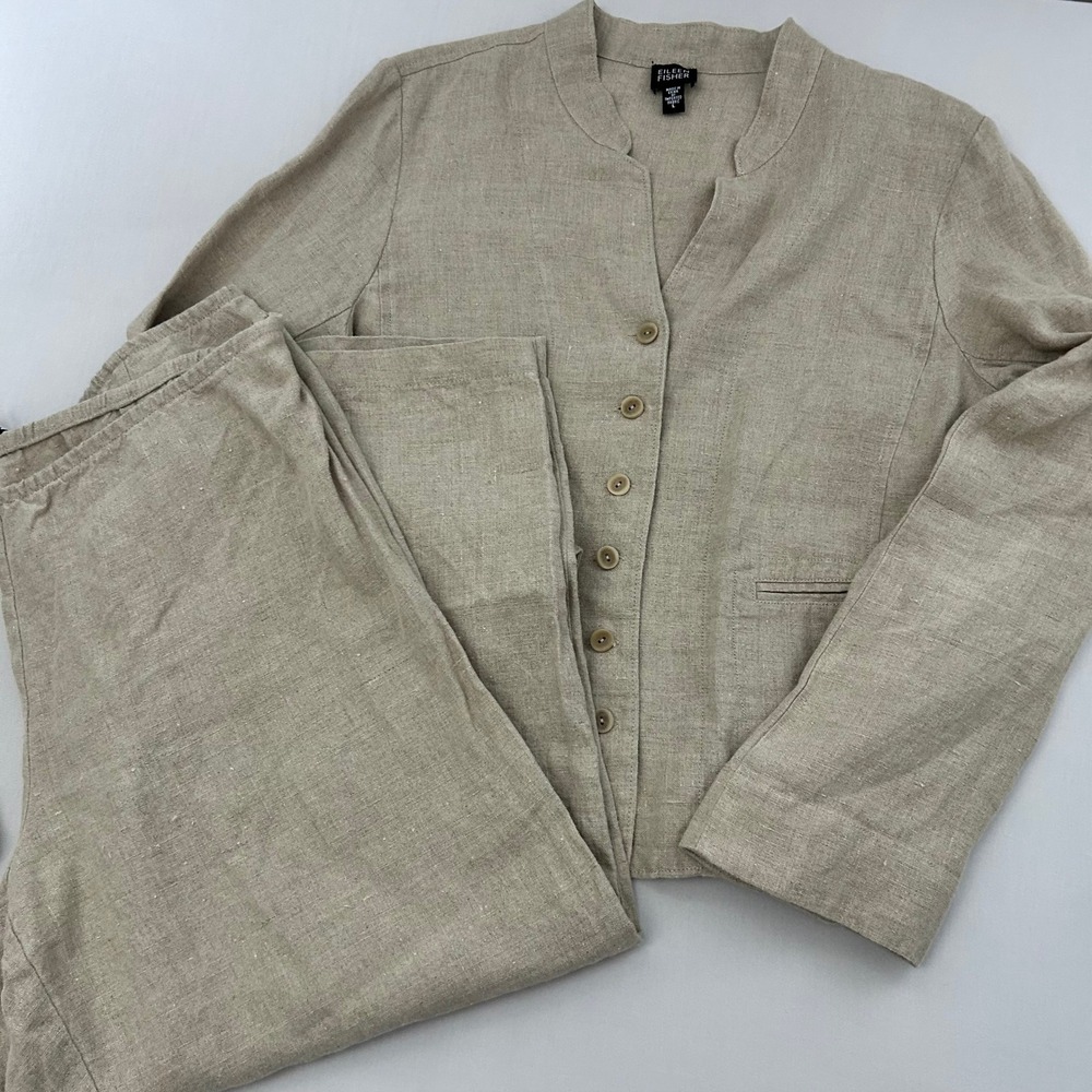 Eileen Fisher Pant Suit Women Large Beige Irish Linen Button Jacket Wide Leg Set